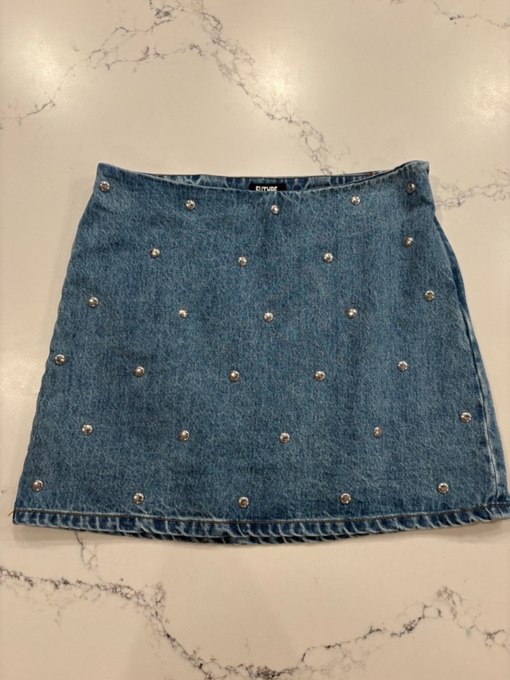 NWOT Size 4 Future Collective Studded Blue Denim Mini Skirt Grunge Punk alt edgy